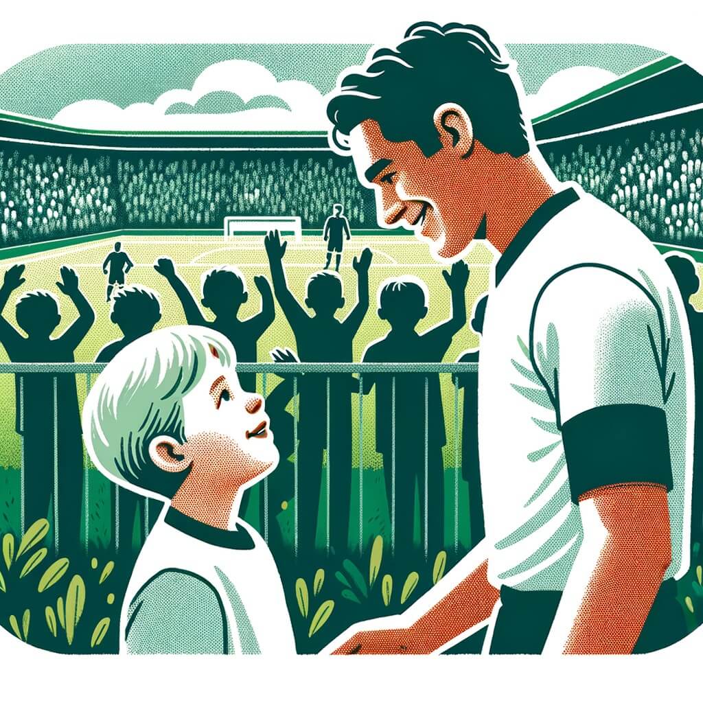 Une illustration destinée aux enfants représentant un jeune homme passionné de football, qui rencontre un joueur professionnel lors d'un tournoi local, dans un stade immense et verdoyant, entouré de supporters enthousiastes.