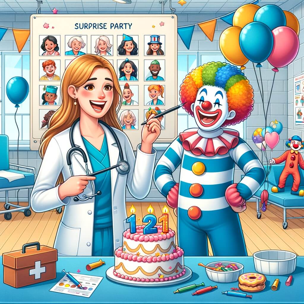 Une illustration destinée aux enfants représentant une femme médecin passionnée, accompagnée d'un joyeux clown, organisant une fête surprise dans une salle commune de l'hôpital, décorée de ballons colorés et remplie de rires et de gâteaux délicieux.
