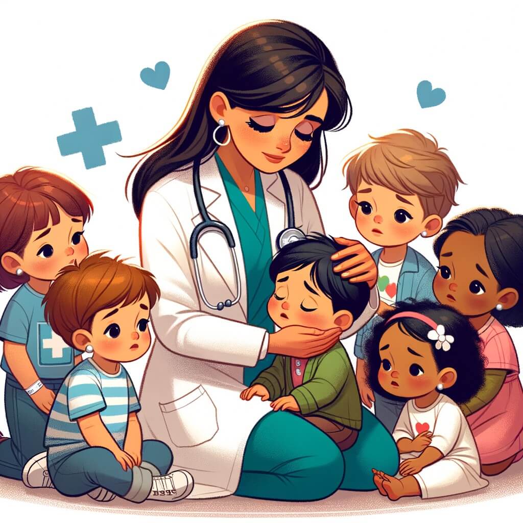 Une illustration pour enfants représentant une femme médecin bienveillante, prenant soin des enfants malades dans un grand hôpital.