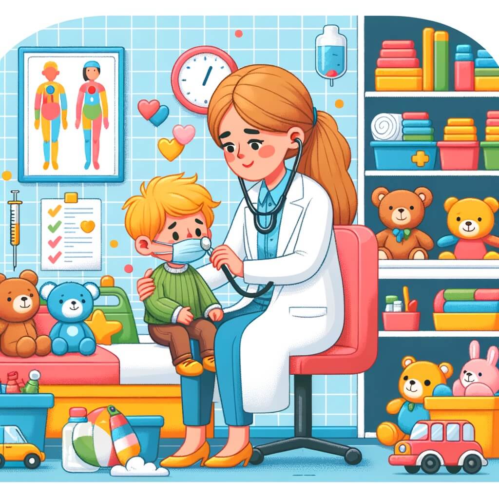 Une illustration destinée aux enfants représentant une femme médecin passionnée et bienveillante, aidant un petit garçon malade à l'intérieur d'un cabinet médical coloré et chaleureux, entouré de jouets et de dessins joyeux.