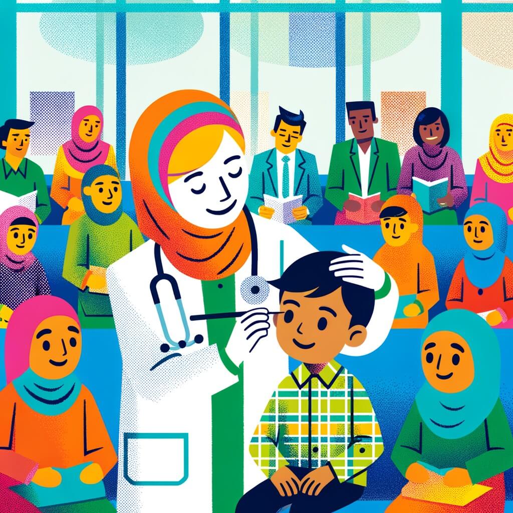 Une illustration destinée aux enfants représentant une femme médecin souriante, occupée à soigner un petit garçon avec une otite, entourée d'une salle d'attente colorée remplie d'enfants et d'adultes impatients, dans un hôpital lumineux et animé.