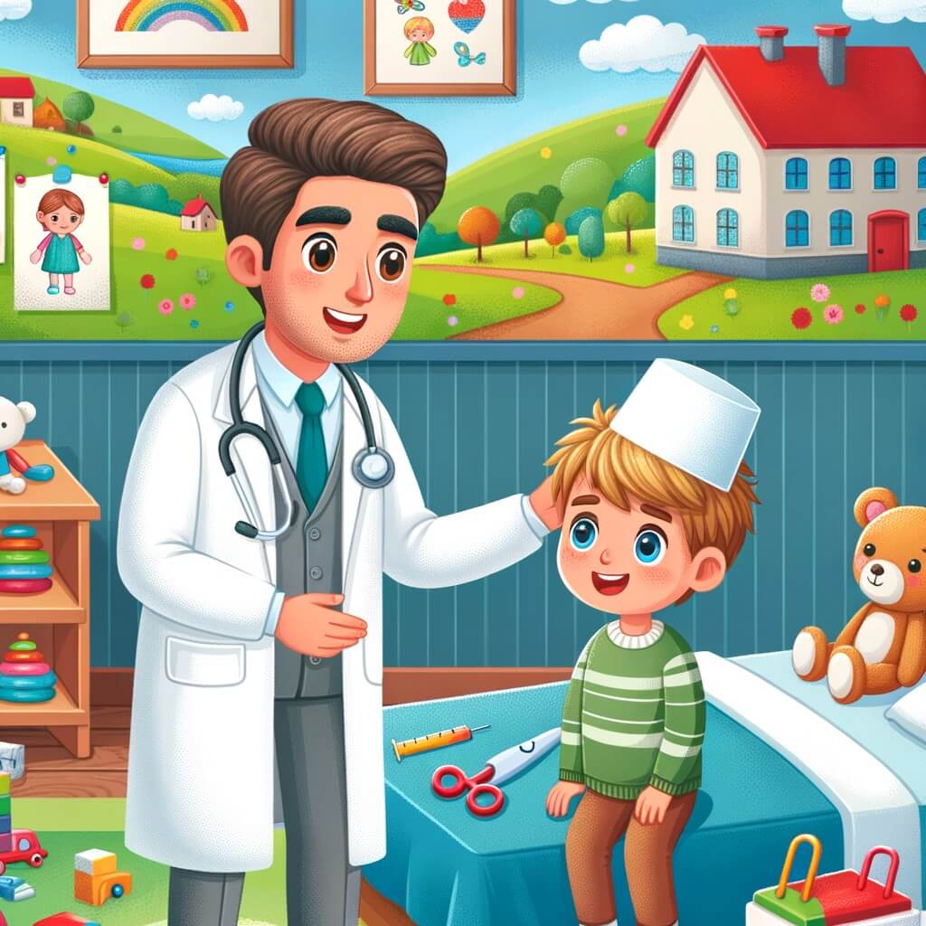 Une illustration pour enfants représentant un gentil docteur, aidant un petit garçon malade dans une petite ville.