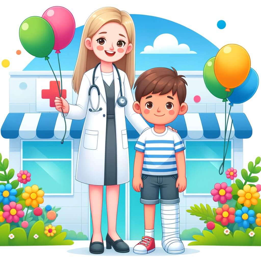 Une illustration pour enfants représentant une femme médecin, au cœur d'une petite ville, apportant soins et guérison à tous ceux qui croisent son chemin.