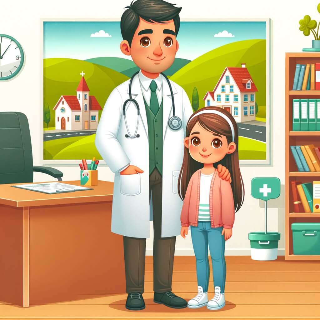 Une illustration destinée aux enfants représentant un médecin bienveillant, accompagné de son fils, dans un cabinet médical coloré et chaleureux, au cœur d'une petite ville entourée de collines verdoyantes.