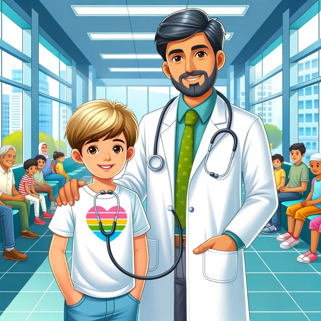 Une illustration pour enfants représentant un jeune garçon enthousiaste découvrant le monde de la médecine à l'hôpital de sa ville.