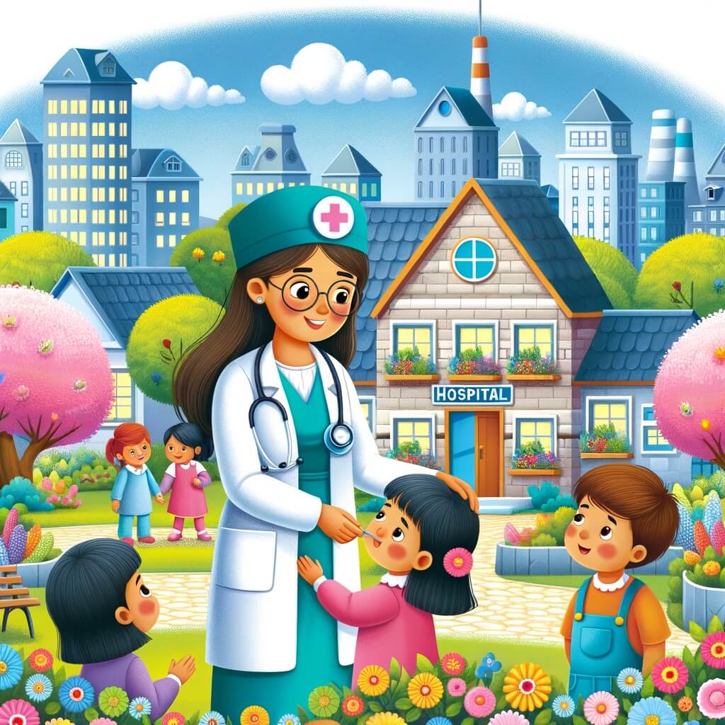 Une illustration destinée aux enfants représentant une femme médecin bienveillante et souriante, s'occupant d'enfants malades dans un hôpital coloré situé au cœur d'une petite ville entourée de jardins fleuris.