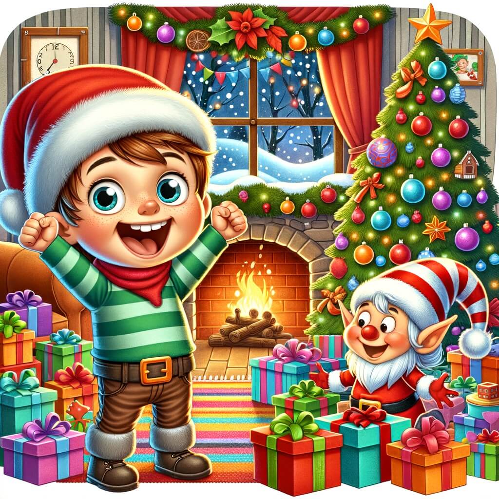 Une illustration destinée aux enfants représentant un petit garçon plein d'excitation, entouré de cadeaux et de décorations colorées, accompagné d'un lutin espiègle, dans un salon chaleureux avec un sapin de Noël scintillant et une cheminée crépitante.