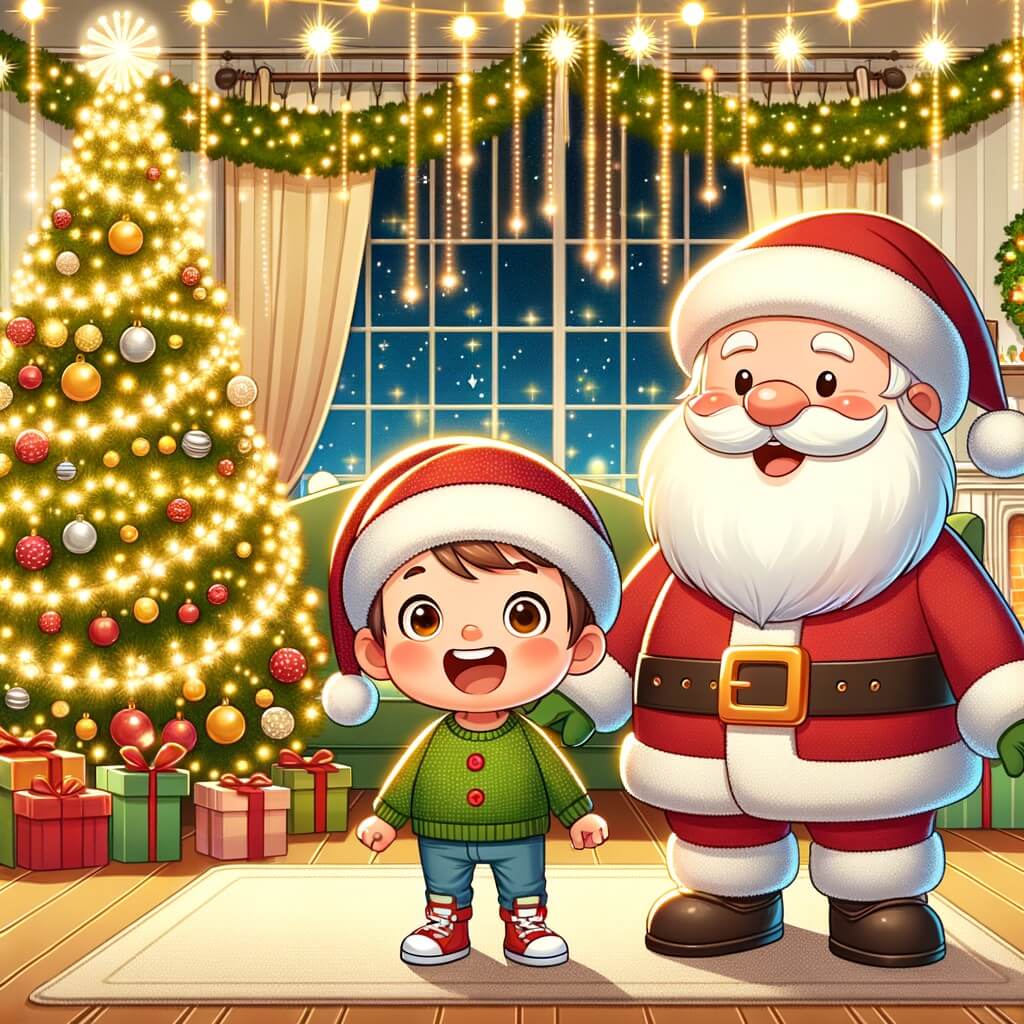 Une illustration destinée aux enfants représentant un petit garçon plein d'enthousiasme, accompagné du Père Noël, dans un magnifique salon décoré de guirlandes scintillantes et d'un grand sapin de Noël illuminé.