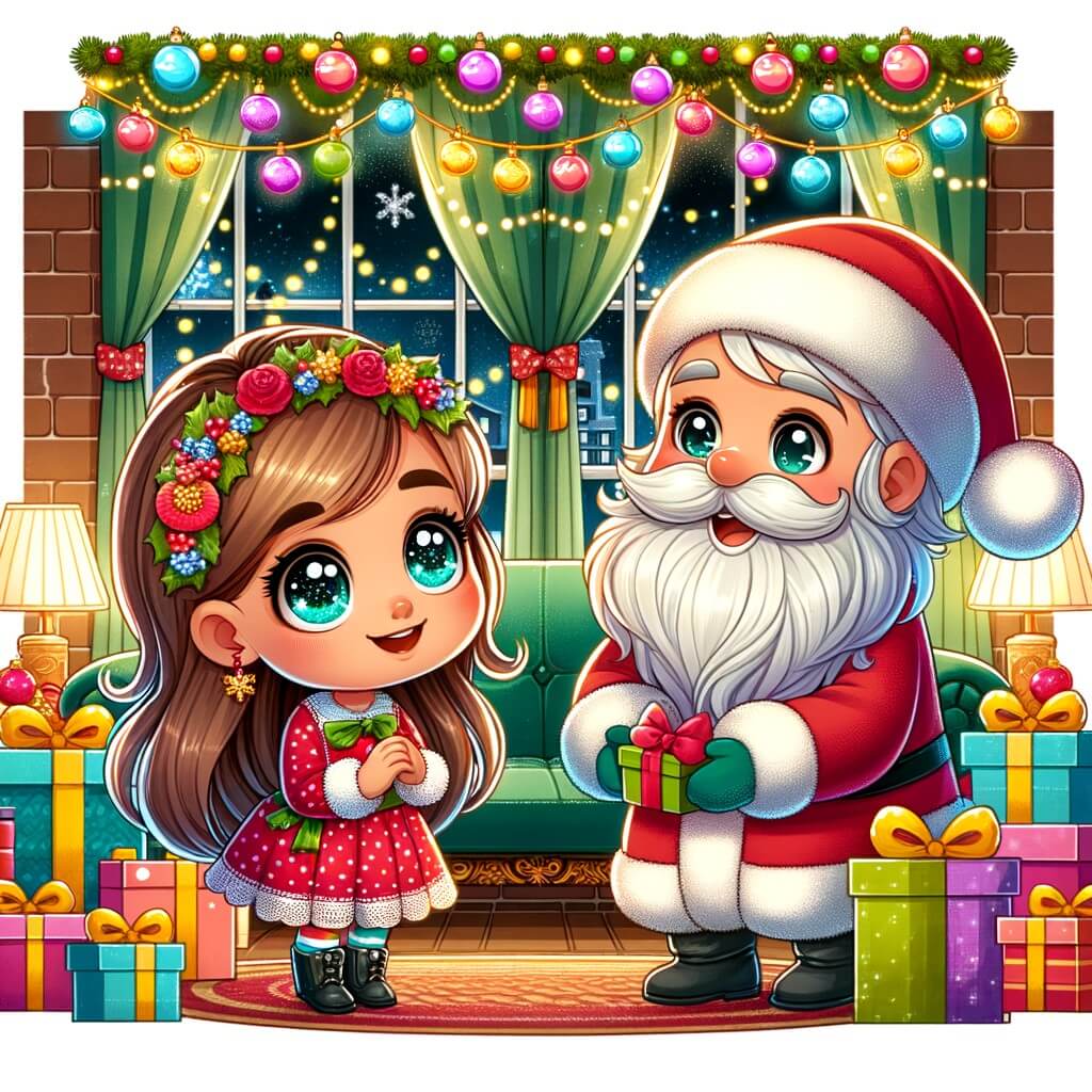 Une illustration destinée aux enfants représentant une petite fille aux yeux brillants, entourée de cadeaux, qui rencontre le Père Noël dans un salon décoré de guirlandes lumineuses et de boules colorées.