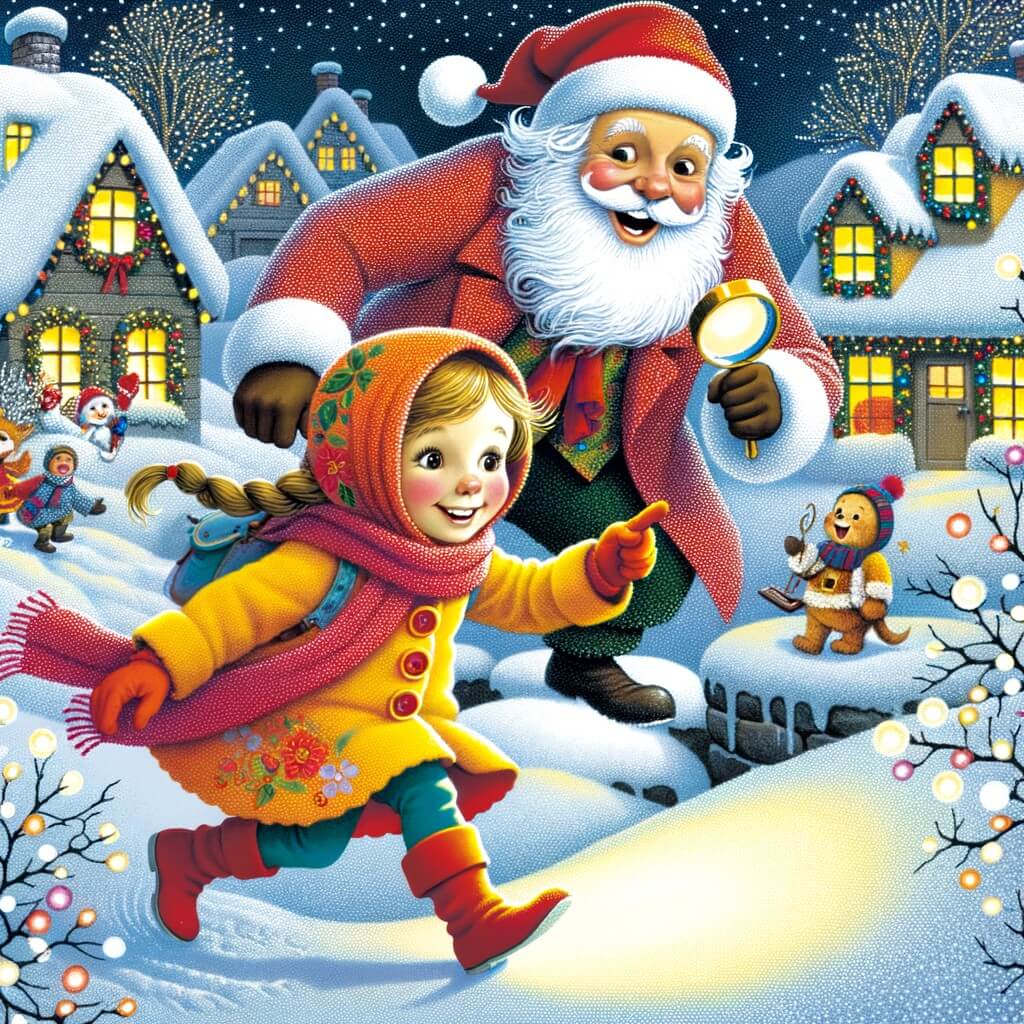 Une illustration pour enfants représentant une petite fille curieuse et pleine de vie, en train de résoudre le mystère de la visite du père Noël dans un village enneigé.