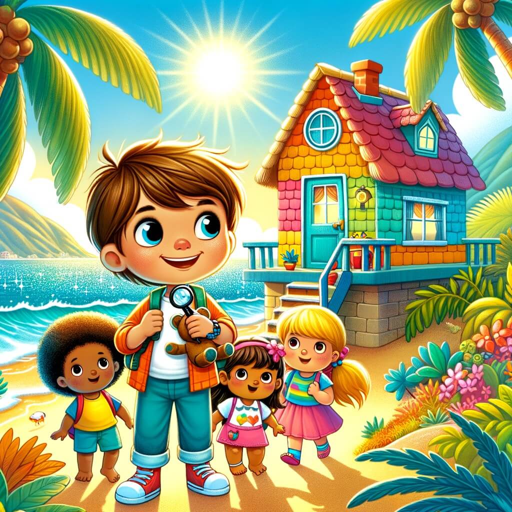 Une illustration pour enfants représentant une petite fille curieuse et déterminée, se lançant dans une enquête captivante après la disparition mystérieuse de ses jouets, dans une charmante maison au bord de la mer.