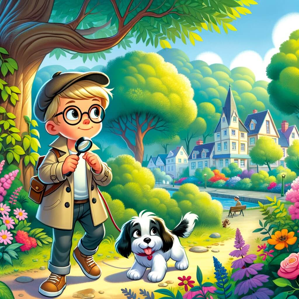 Une illustration pour enfants représentant un petit garçon curieux et malin, résolvant un mystère captivant dans une petite ville tranquille appelée Champville.