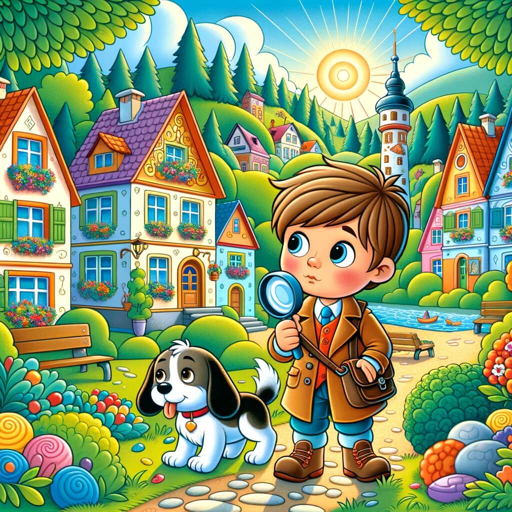 Une illustration destinée aux enfants représentant un petit garçon curieux, enquêtant sur la mystérieuse disparition de ses bonbons, accompagné de son fidèle chien, dans un village pittoresque entouré de maisons colorées et d'un parc verdoyant.