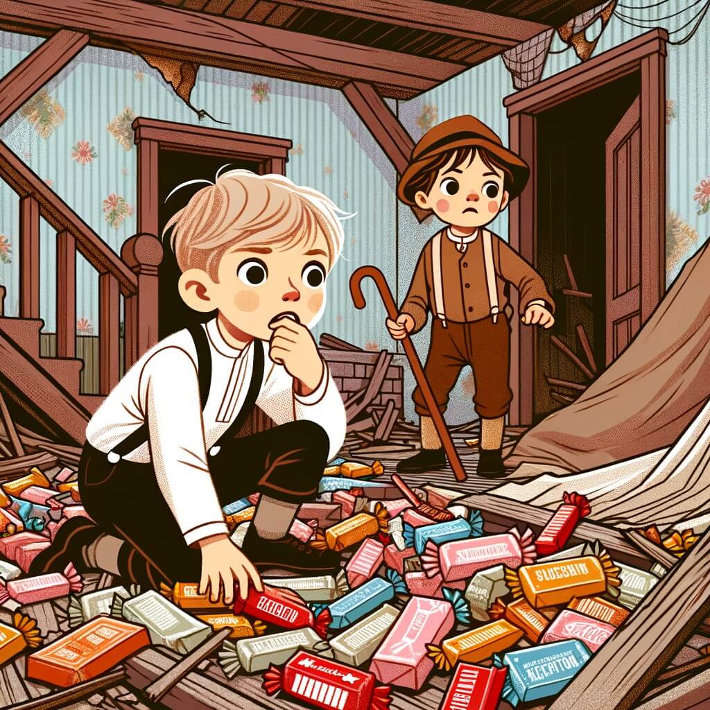 Une illustration destinée aux enfants représentant un petit garçon curieux, cherchant des indices avec l'aide de son ami, dans une maison abandonnée remplie d'emballages de bonbons vides.