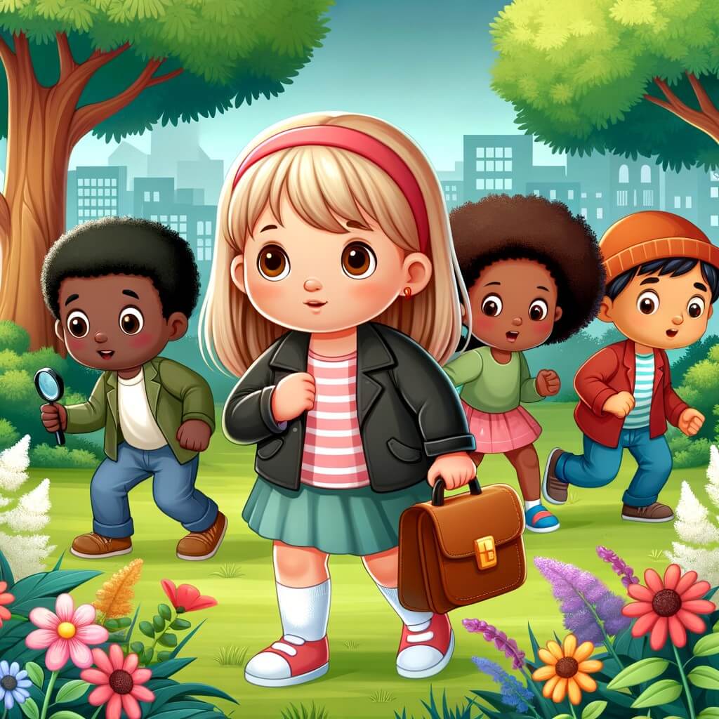 Une illustration destinée aux enfants représentant une petite fille curieuse et déterminée, accompagnée de ses amis, enquêtant sur des mystérieuses disparitions d'objets dans un parc verdoyant parsemé de fleurs colorées et d'arbres majestueux.