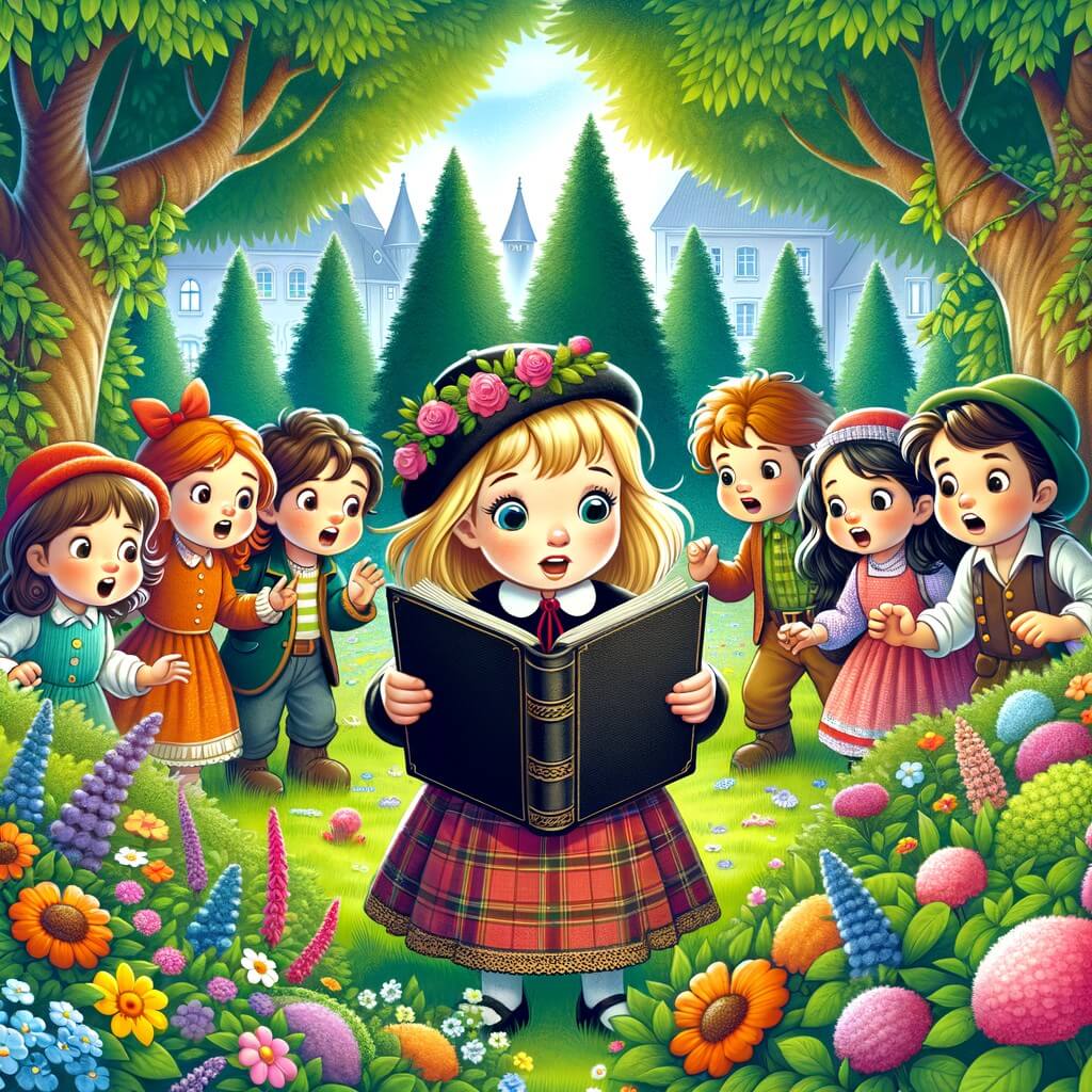 Une illustration destinée aux enfants représentant une petite fille curieuse, entourée de ses amis, découvrant un mystérieux carnet noir dans un parc verdoyant rempli de fleurs colorées et d'arbres majestueux.