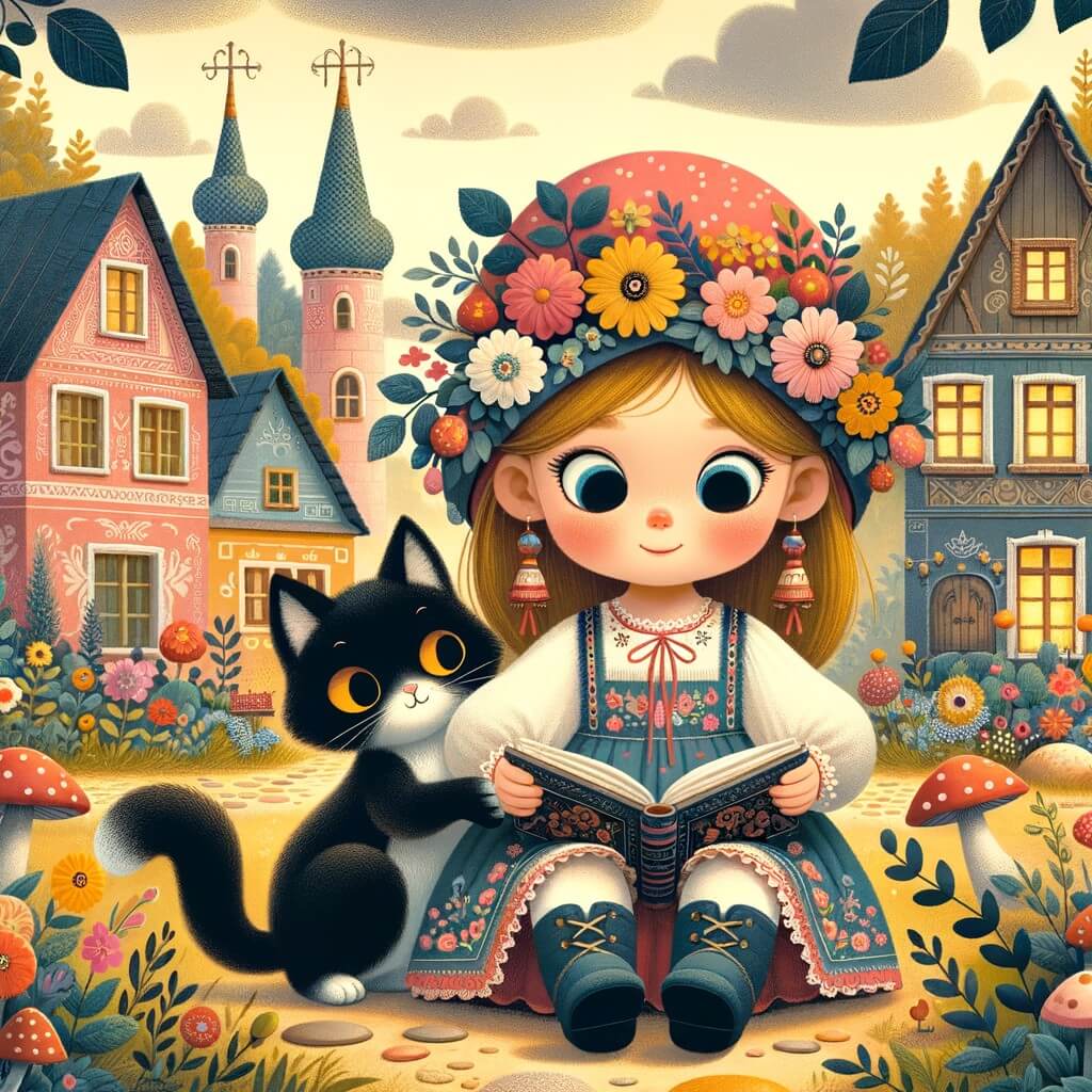Une illustration destinée aux enfants représentant une petite fille intrépide, plongée dans une enquête captivante, accompagnée d'un chat noir mystérieux, dans un village coloré rempli de maisons aux toits en forme de champignons et de jardins fleuris.
