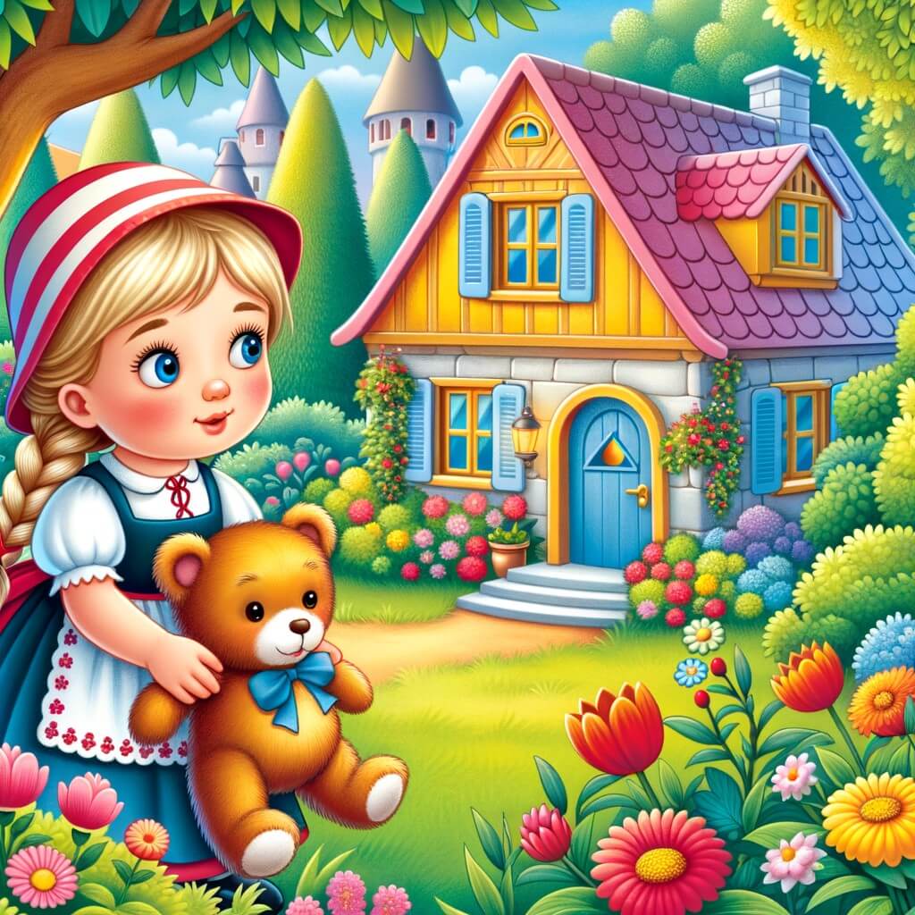 Une illustration destinée aux enfants représentant une petite fille curieuse, accompagnée d'un ami, enquêtant sur la mystérieuse disparition de son doudou adoré, dans une maison colorée et chaleureuse, entourée d'un jardin fleuri.
