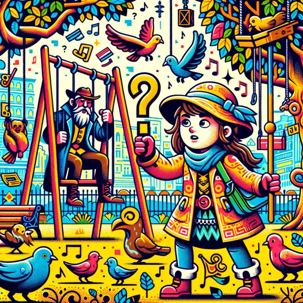 Une illustration destinée aux enfants représentant une petite fille intrépide, en train de résoudre un mystère avec l'aide d'un artiste de rue, dans un parc coloré rempli d'oiseaux chantants, de balançoires joyeuses et de graffitis mystérieux.