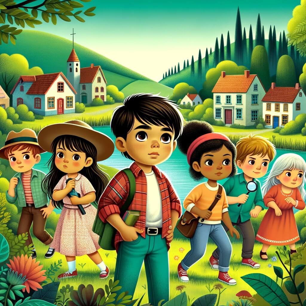 Une illustration destinée aux enfants représentant un petit garçon curieux et déterminé, accompagné de ses amis, enquêtant sur la mystérieuse disparition d'une vieille dame dans une petite ville paisible entourée d'une forêt verdoyante.