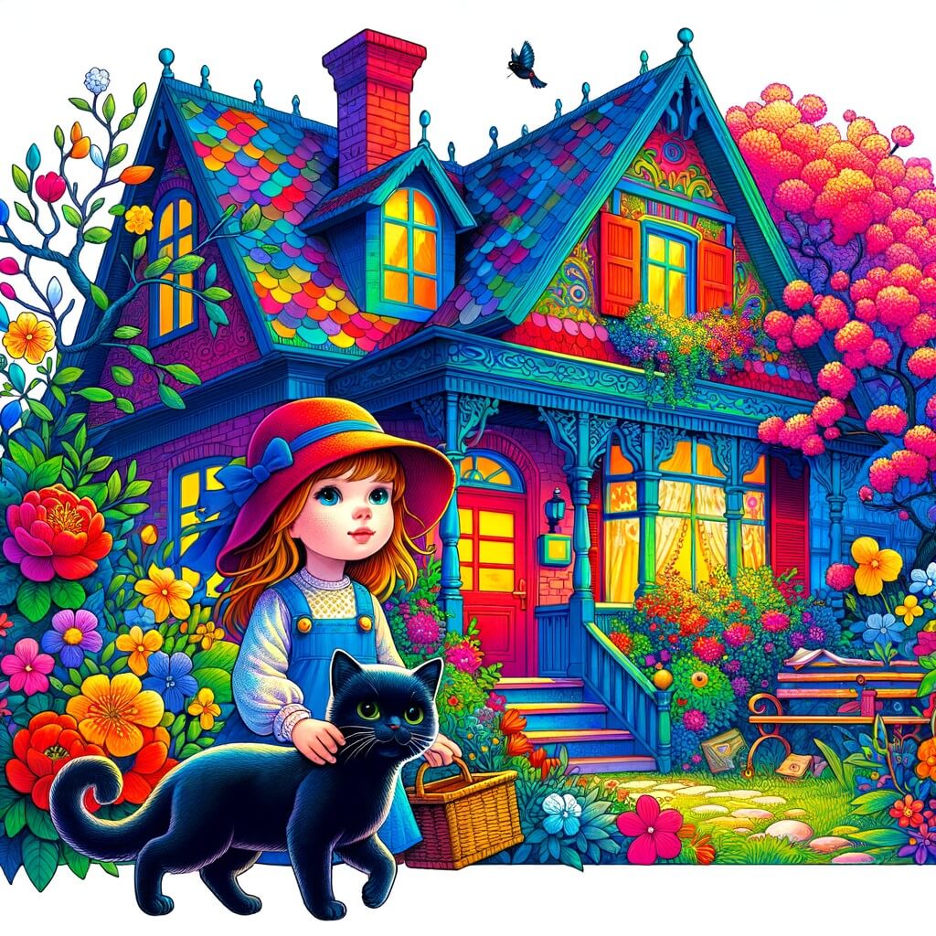 Une illustration destinée aux enfants représentant une petite fille curieuse, accompagnée de son fidèle chat noir, découvrant une maison colorée avec un jardin fleuri où se cachent des mystères à résoudre.