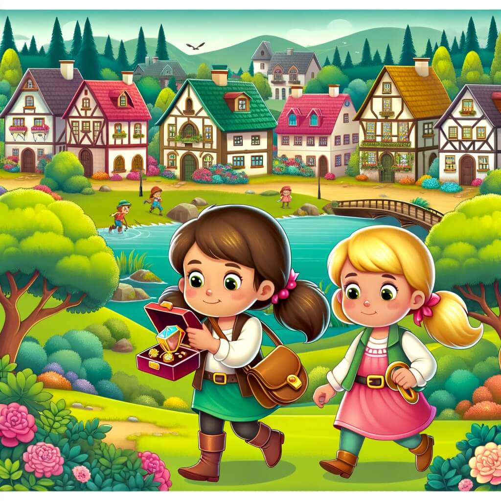 Une illustration destinée aux enfants représentant une petite fille intrépide, accompagnée de son amie curieuse, enquêtant sur un mystérieux vol de bijoux dans un village paisible, entouré de jolies maisons colorées et d'un parc verdoyant.