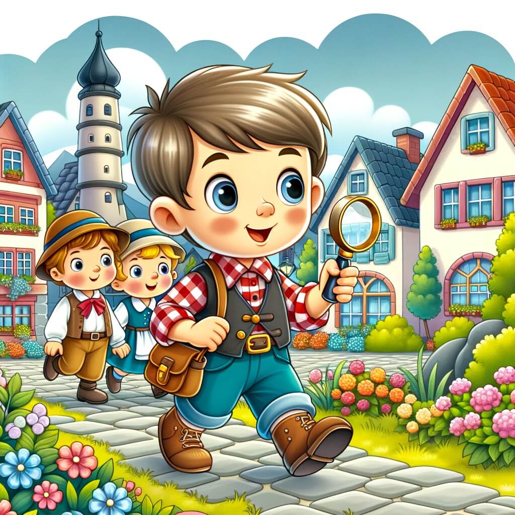 Une illustration destinée aux enfants représentant un petit garçon curieux, menant une enquête passionnante avec l'aide de ses amis, dans une petite ville pittoresque, bordée de maisons colorées et de jardins fleuris.