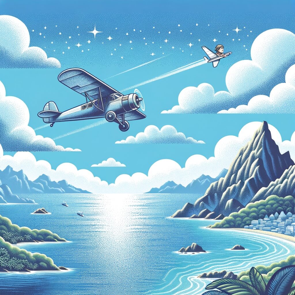 Une illustration destinée aux enfants représentant une femme pilote d'avion passionnée, accompagnée d'un petit garçon anxieux, volant à travers un ciel bleu parsemé de nuages moelleux, au-dessus d'une mer scintillante et de montagnes majestueuses.