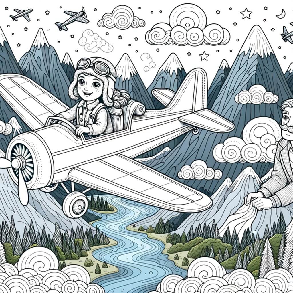 Une illustration destinée aux enfants représentant une jeune femme pilote d'avion, accompagnée de son grand-père, volant dans les nuages au-dessus de montagnes majestueuses et de rivières scintillantes.
