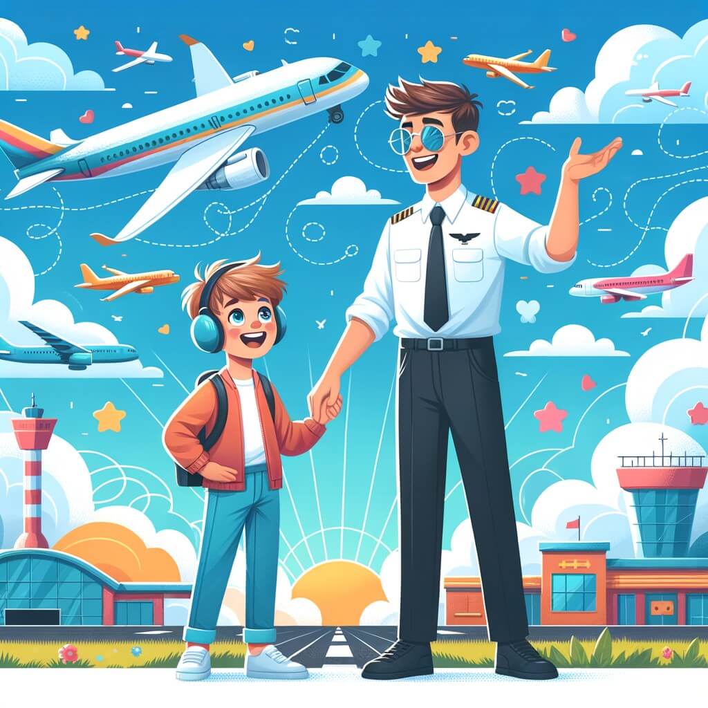 Une illustration destinée aux enfants représentant un jeune homme passionné par les avions, accompagné d'un pilote bienveillant, dans un aéroport coloré avec des avions décollant et atterrissant, entouré de nuages moelleux et d'un ciel bleu éclatant.