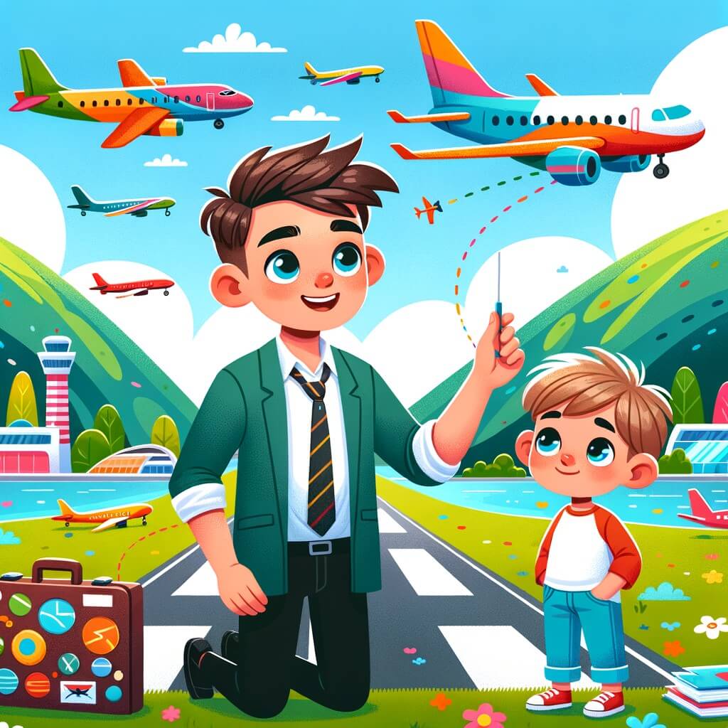 Une illustration destinée aux enfants représentant un jeune homme passionné par les avions, qui réalise son rêve de devenir pilote, accompagné d'un petit garçon curieux, dans un aéroport coloré avec des avions multicolores décollant et atterrissant sur une piste entourée de montagnes verdoyantes.