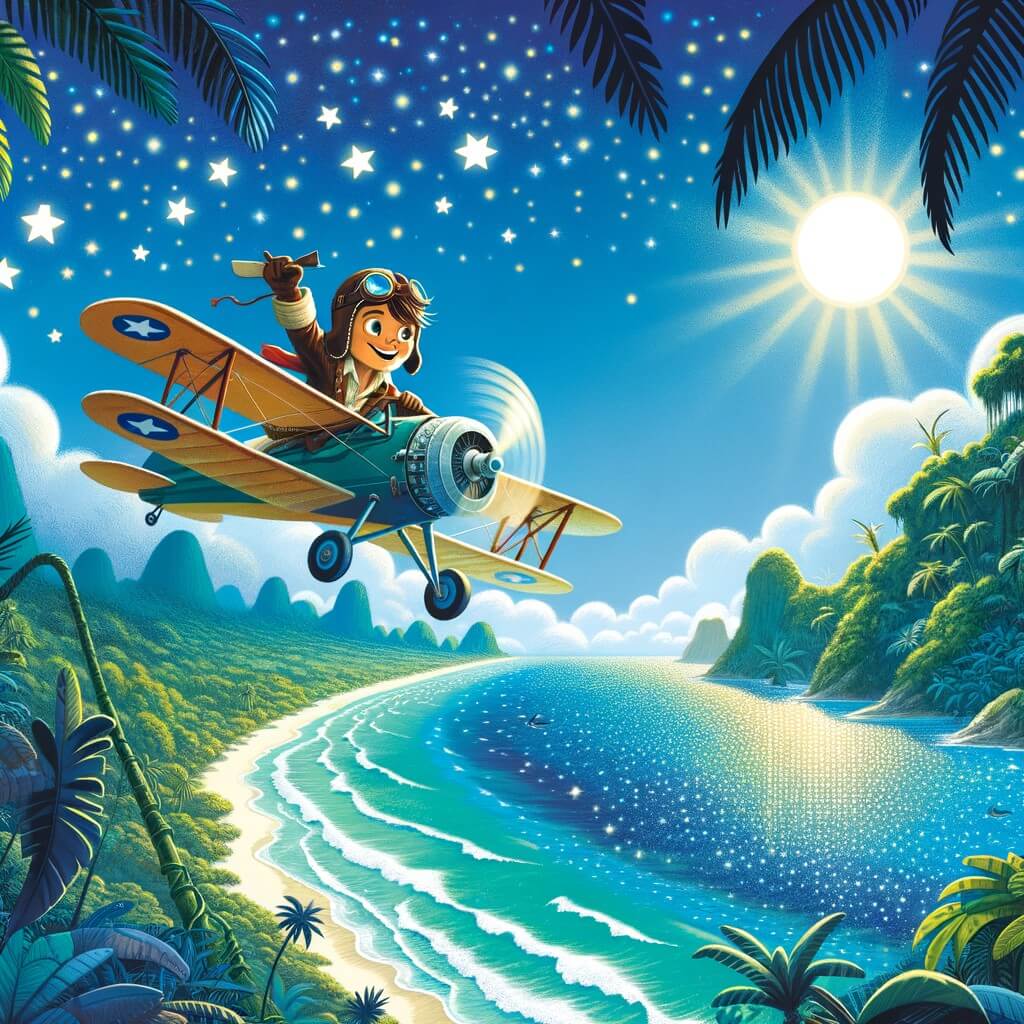 Une illustration destinée aux enfants représentant un jeune pilote intrépide, accompagné de son fidèle copilote, survolant majestueusement une mer scintillante bordée de plages de sable blanc et d'une jungle luxuriante, à la recherche d'aventures dans le ciel bleu azur.