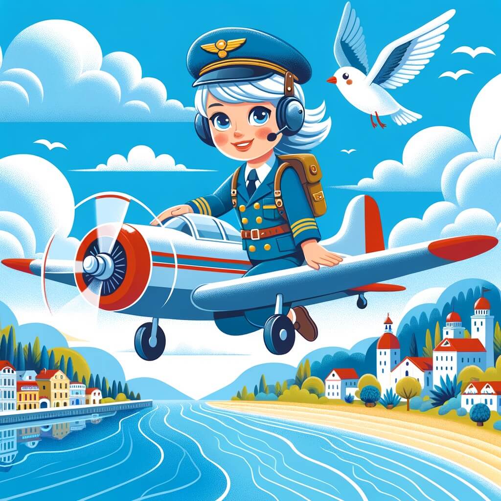 Une illustration destinée aux enfants représentant une femme pilote d'avion, survolant une ville côtière aux eaux cristallines, accompagnée d'un oiseau, symbole de liberté, dans le ciel bleu azur.