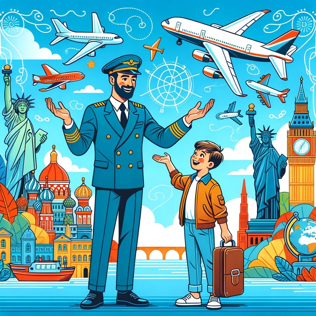 Une illustration pour enfants représentant un jeune garçon passionné d'avions qui découvre un aéroport près de chez lui, où il rêve de voler dans le ciel.