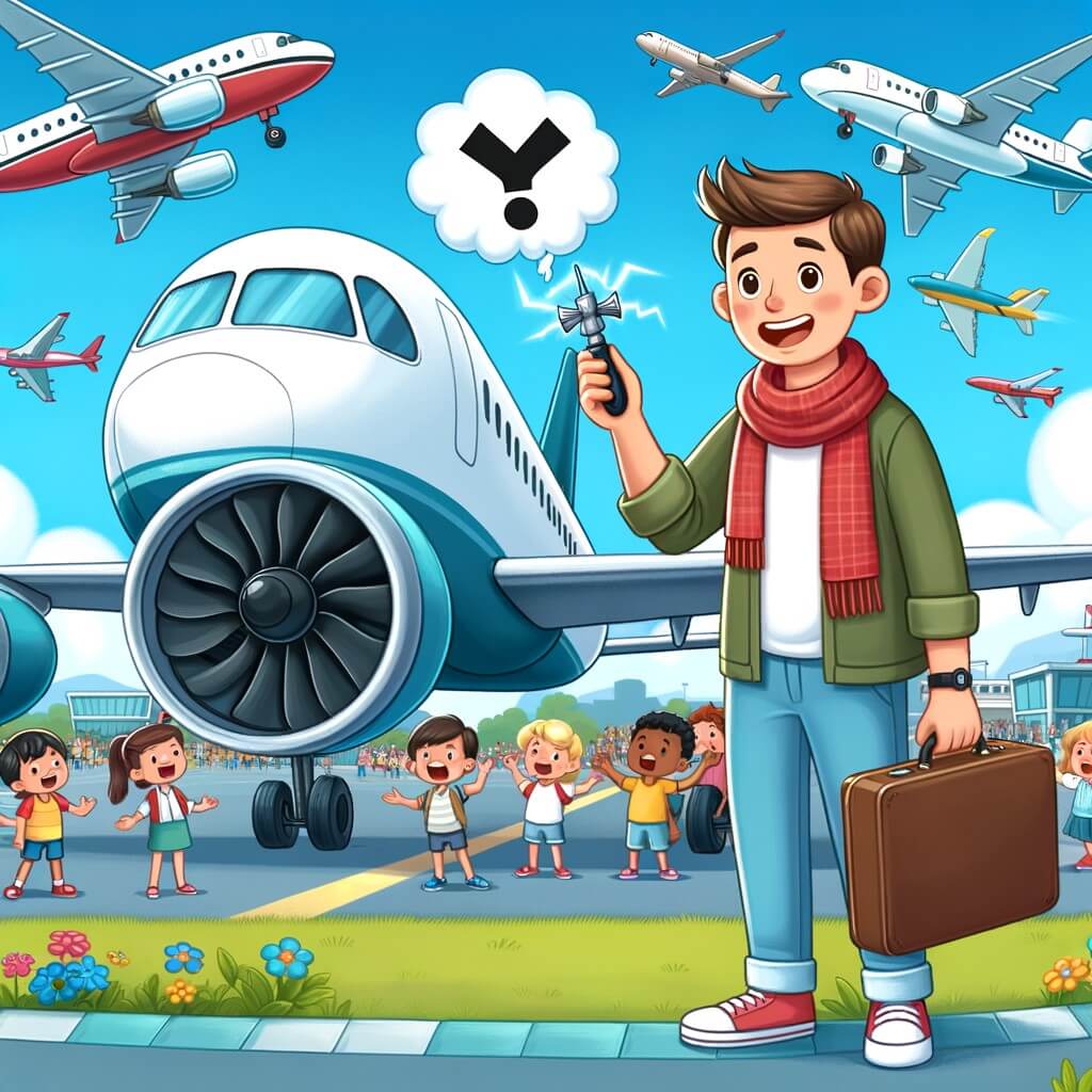 Une illustration pour enfants représentant un jeune homme passionné d'avions qui réalise son rêve de devenir pilote et qui vit une aventure inattendue dans les airs.