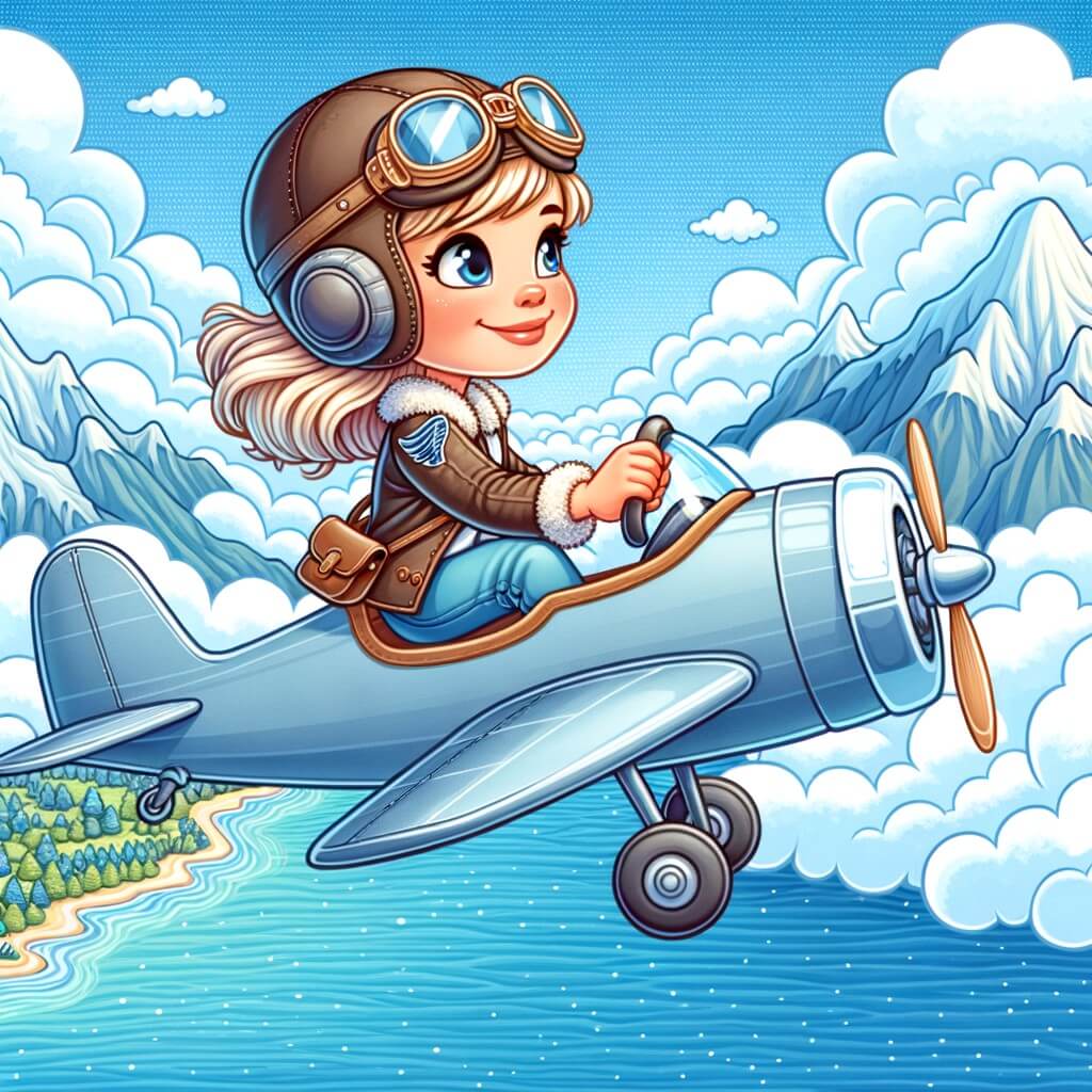 Une illustration pour enfants représentant une femme pilote d'avion, qui fait découvrir le métier à une petite fille passionnée, lors d'un vol au-dessus de la mer.