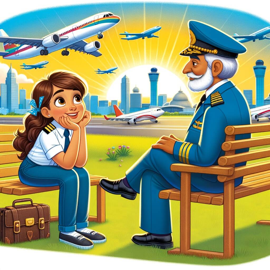 Une illustration destinée aux enfants représentant une femme passionnée d'avions, rêvant de devenir pilote, qui rencontre une pilote expérimentée près d'un banc, à proximité d'un aéroport animé avec des avions décollant et atterrissant dans un ciel bleu éclatant.