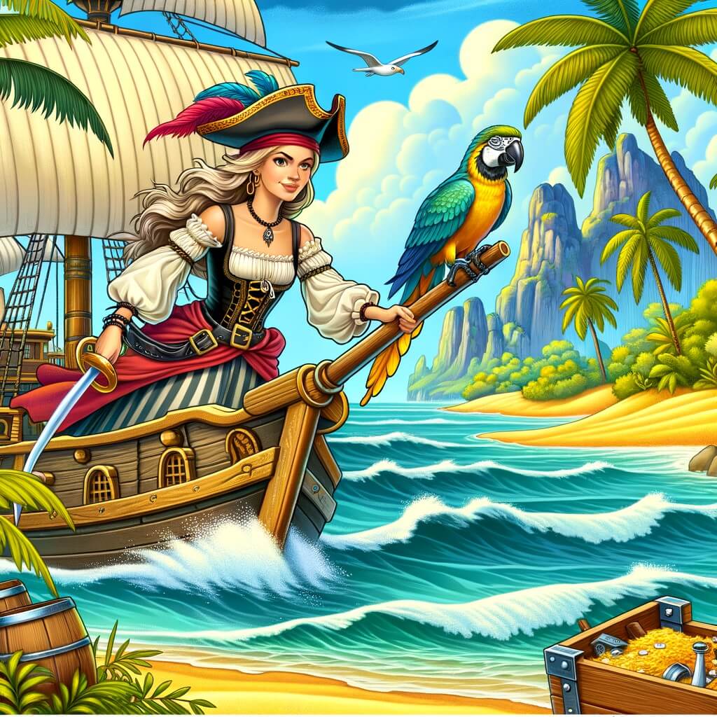 Une illustration destinée aux enfants représentant une femme pirate courageuse et intrépide, naviguant sur un bateau en haute mer, accompagnée de son fidèle perroquet, à la recherche d'un trésor caché sur une île déserte aux palmiers majestueux et aux plages dorées.