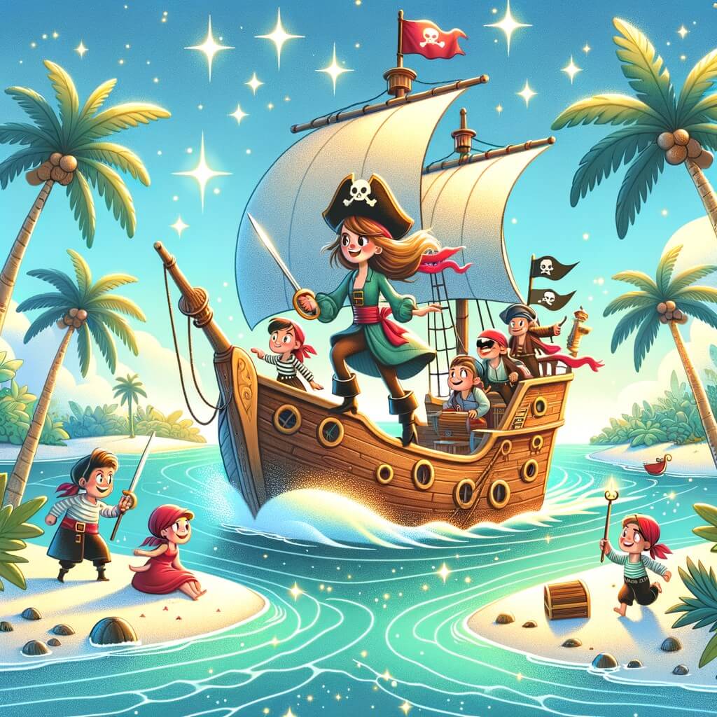 Une illustration destinée aux enfants représentant une femme pirate courageuse et audacieuse, naviguant sur un bateau en bois avec un équipage joyeux, à la recherche d'un trésor mystérieux sur une île tropicale entourée de palmiers, de sable blanc et d'eau turquoise scintillante.