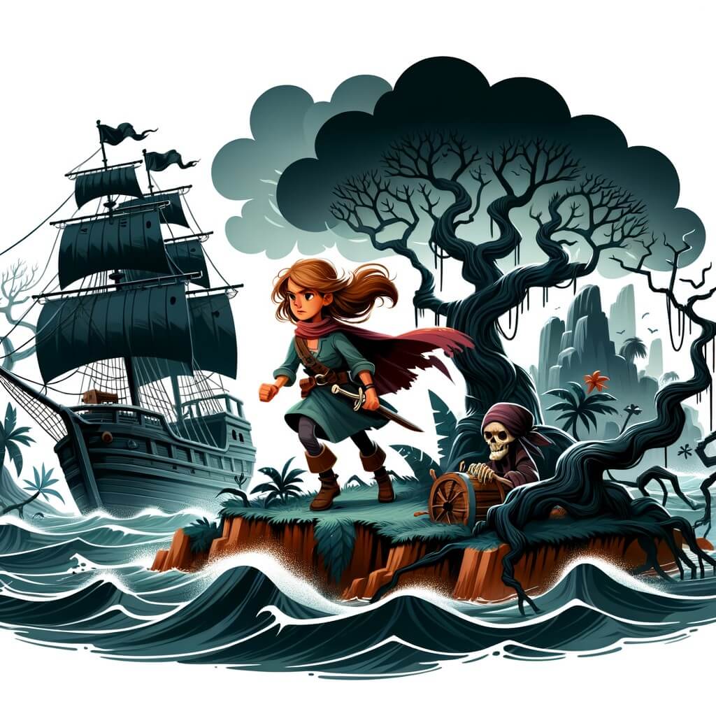 Une illustration pour enfants représentant une femme intrépide sur un vieux bateau, naviguant vers une île maudite à la recherche d'un trésor légendaire, dans un port de pêche animé.