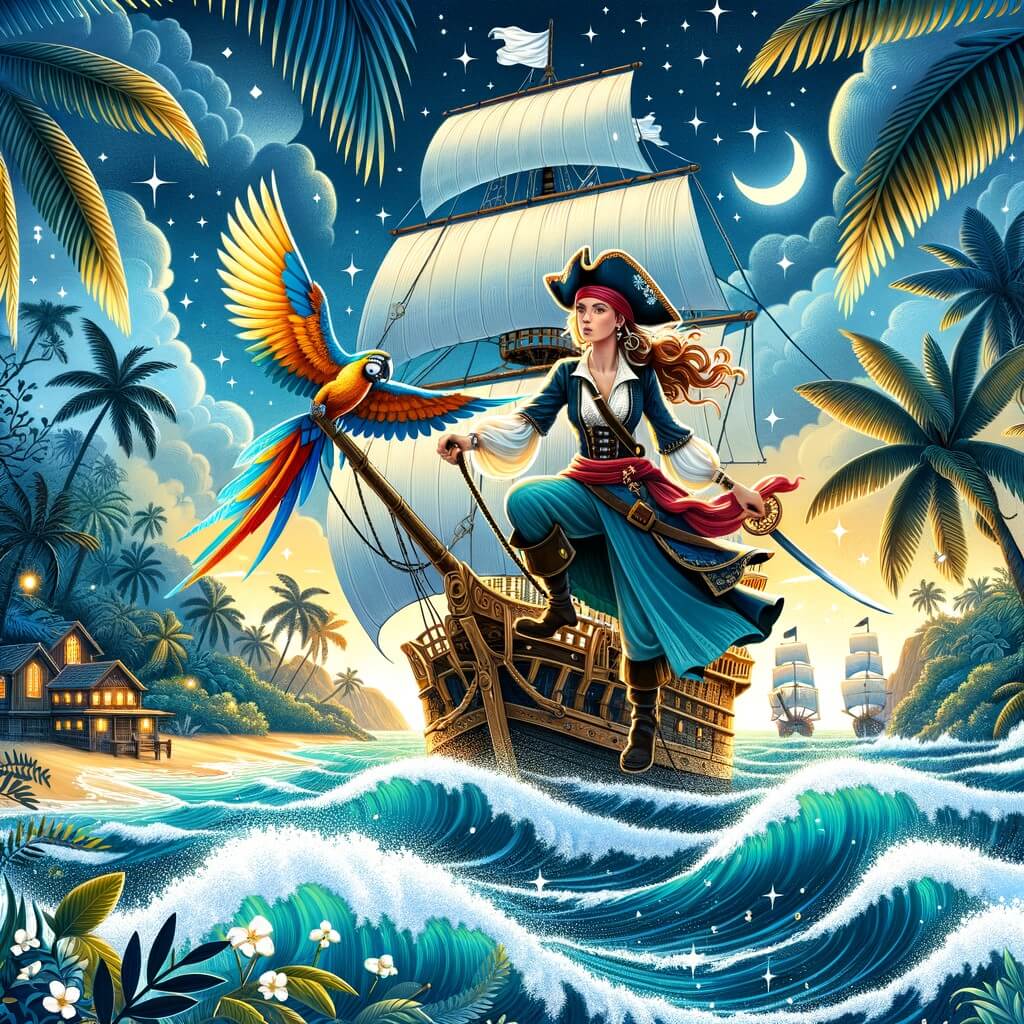 Une illustration destinée aux enfants représentant une femme pirate courageuse et intrépide, naviguant sur un bateau majestueux à travers les mers tumultueuses, accompagnée de son fidèle perroquet, à la recherche d'un trésor légendaire sur une île exotique entourée de palmiers et de vagues scintillantes.