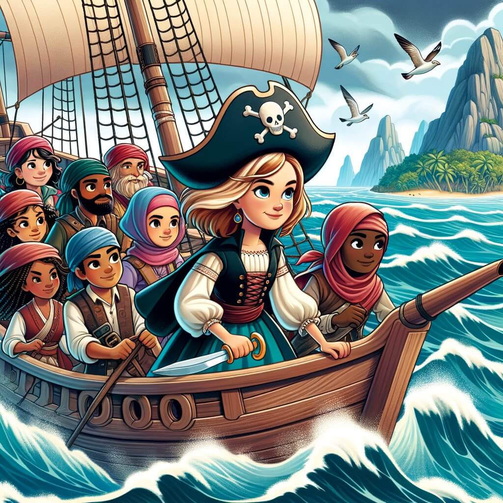 Une illustration pour enfants représentant une femme pirate courageuse à la recherche d'un trésor sur une île mystérieuse, naviguant sur son navire, le 