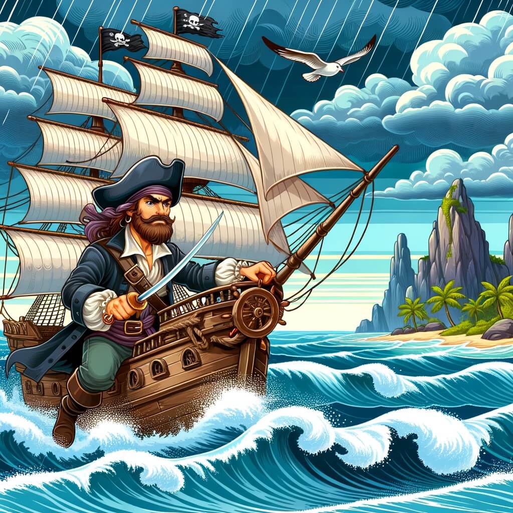 Une illustration destinée aux enfants représentant un courageux capitaine pirate, arborant une cicatrice sur le visage, naviguant sur son majestueux navire, le Black Pearl, à la recherche d'un trésor caché sur une île déserte entourée de vagues houleuses et de tempêtes menaçantes.