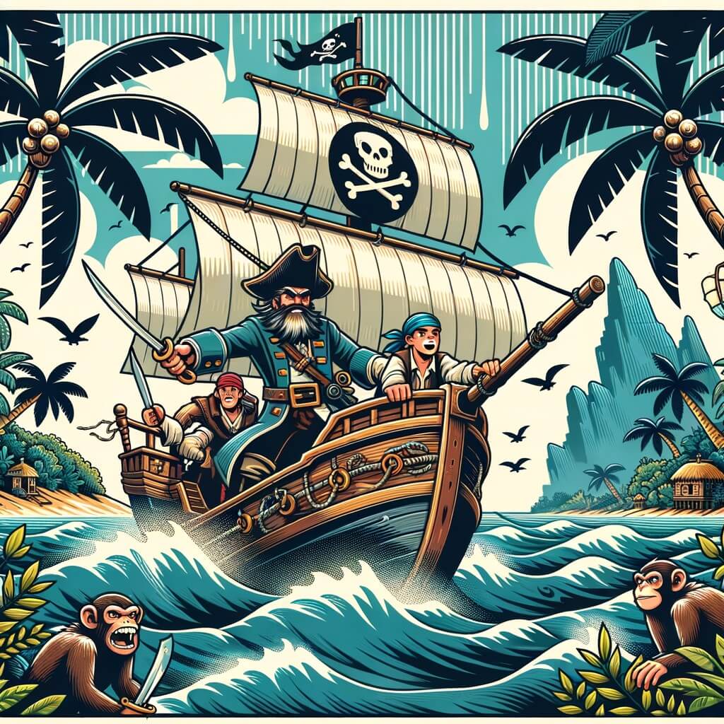 Une illustration destinée aux enfants représentant un capitaine pirate courageux et déterminé, accompagné de son équipage fidèle, naviguant sur un bateau imposant, le 