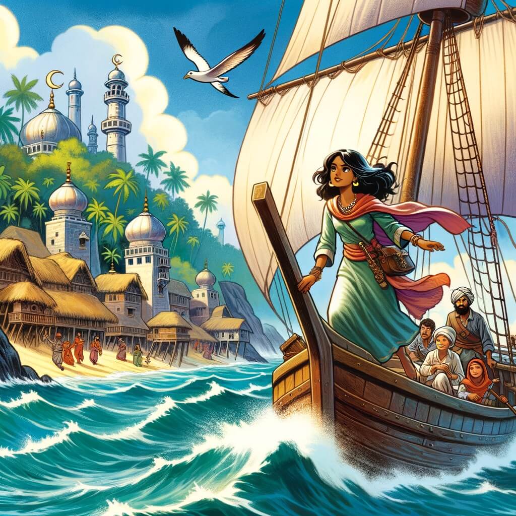 Une illustration pour enfants représentant une femme intrépide voguant sur les mers à la recherche d'un trésor, dans un village côtier rempli de mystères et de pirates.