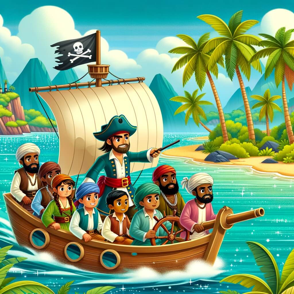Une illustration destinée aux enfants représentant un homme courageux et aventurier, naviguant sur un bateau pirate, accompagné de son équipage, à la recherche d'un trésor légendaire, sur une île mystérieuse recouverte de palmiers, avec une mer turquoise scintillante à l'horizon.