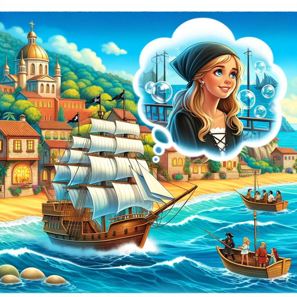 Une illustration destinée aux enfants représentant une jeune femme intrépide, rêvant d'aventures en mer, naviguant sur un majestueux navire pirate avec un équipage chaleureux, dans un village côtier pittoresque entouré de plages de sable doré et d'eaux cristallines.