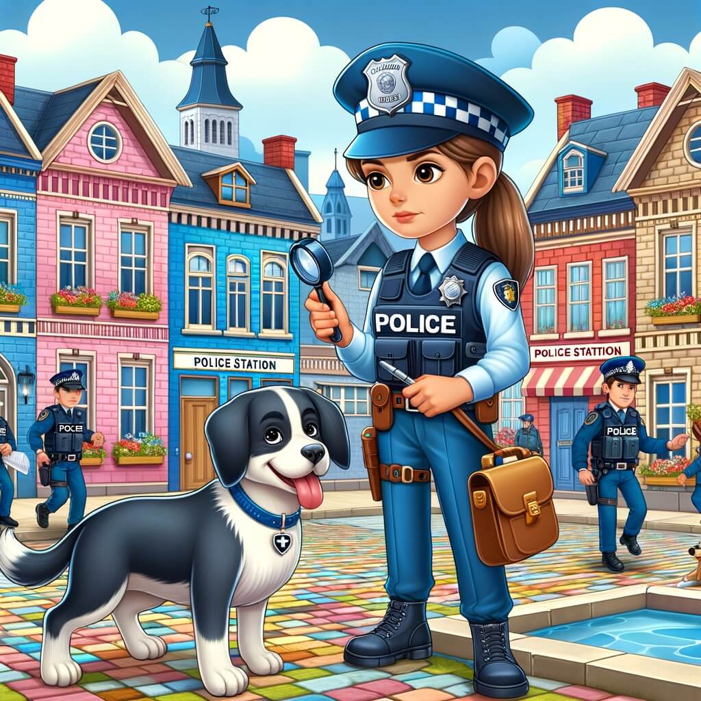 Une illustration destinée aux enfants représentant une femme policière courageuse en uniforme, accompagnée de son fidèle chien policier, résolvant des enquêtes captivantes dans une ville animée avec des rues pavées, des maisons colorées et un commissariat accueillant.