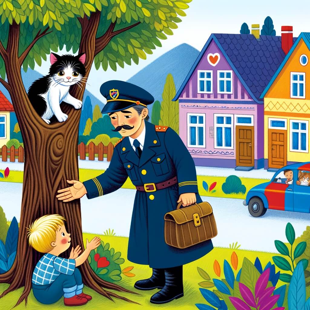 Une illustration destinée aux enfants représentant un homme en uniforme bleu foncé et chapeau noir, aidant un petit garçon à sauver un chat coincé dans un arbre, dans un village paisible avec des maisons colorées et une école joyeuse.