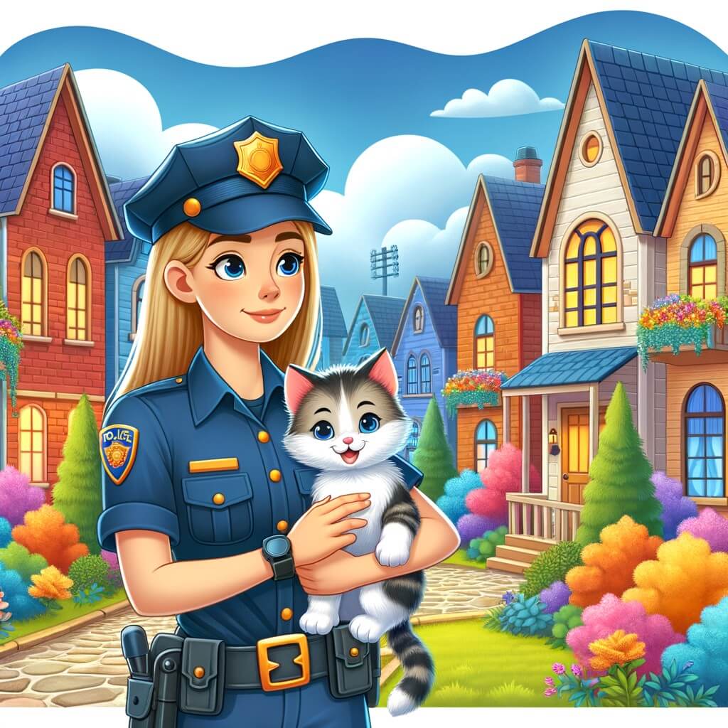 Une illustration pour enfants représentant une femme courageuse et déterminée en uniforme de police, résolvant des problèmes et aidant les gens dans un parc, un quartier résidentiel et une usine abandonnée.